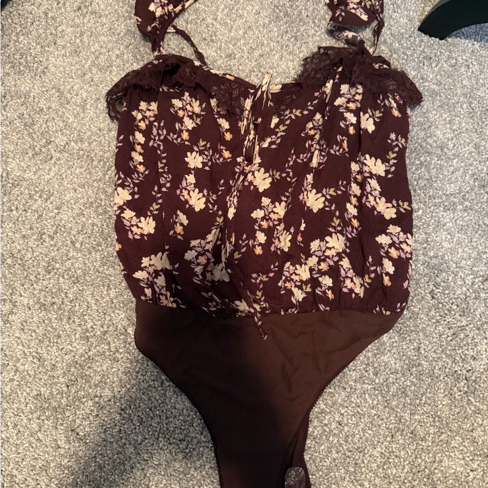 Free People Burgundy Floral Lace Bodysuit